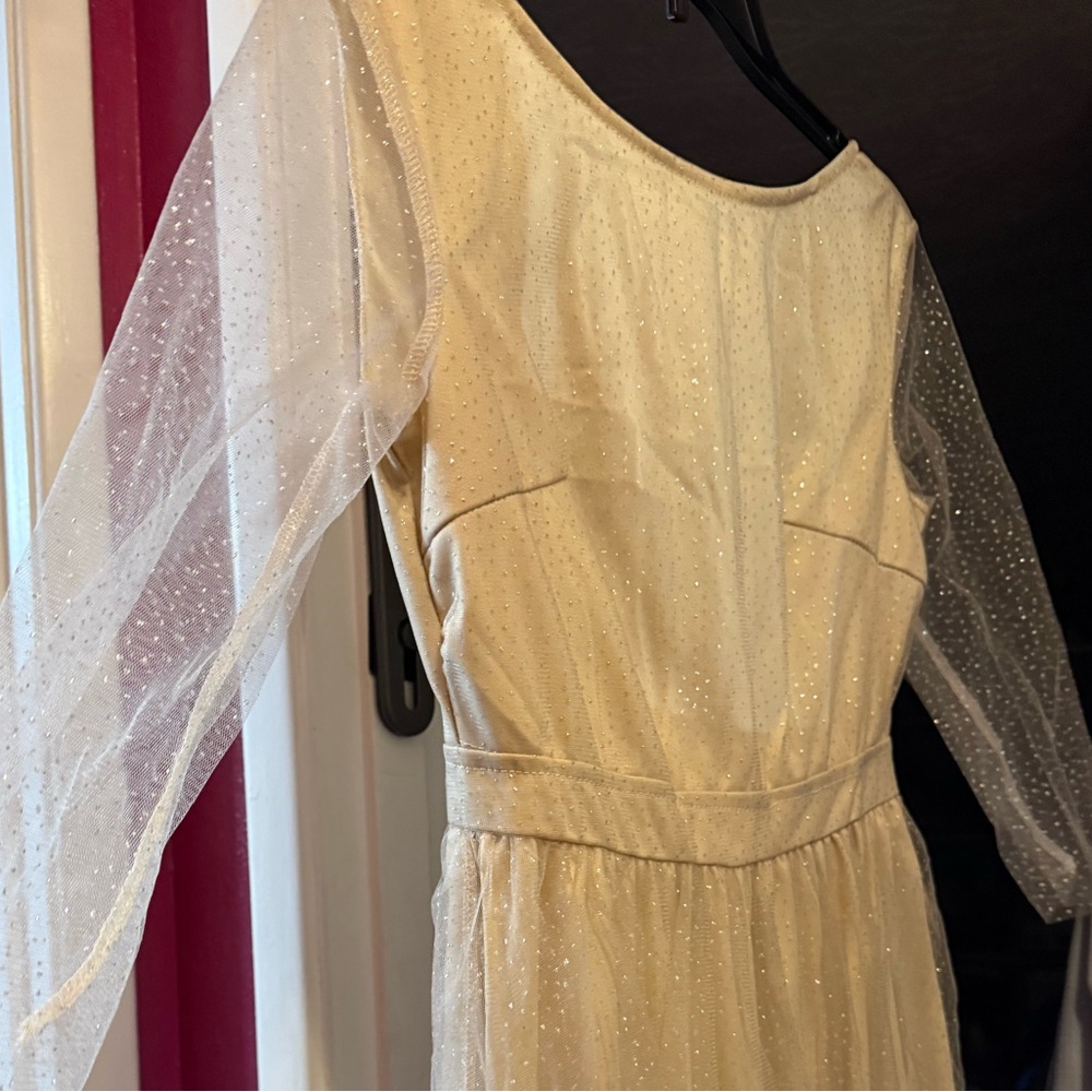 Elegant Cream Sheer Sleeve Dress with Sparkles, Open Back! New!! - Picture 6 of 14